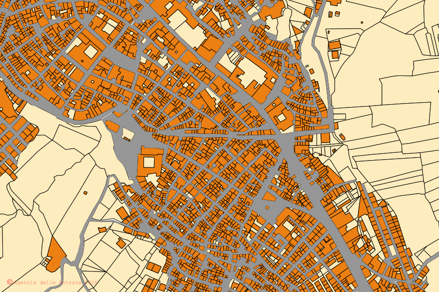 Cadastral map of the centre of Naro: parcels and buildings, Agenzia delle Entrate cartography