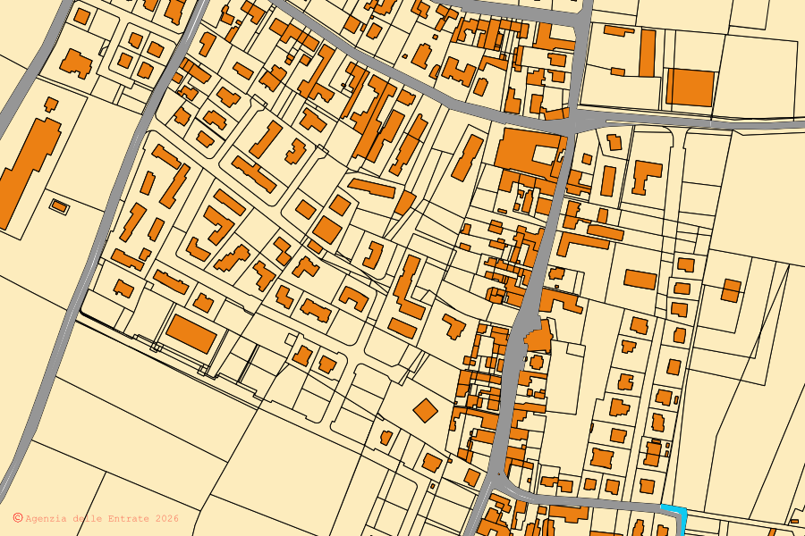 Cadastral map of the centre of Nogarole Rocca: parcels and buildings, Agenzia delle Entrate cartography
