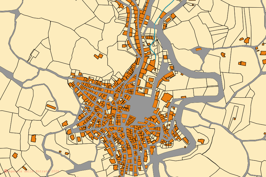 Cadastral map of the centre of Nughedu San Nicolò: parcels and buildings, Agenzia delle Entrate cartography