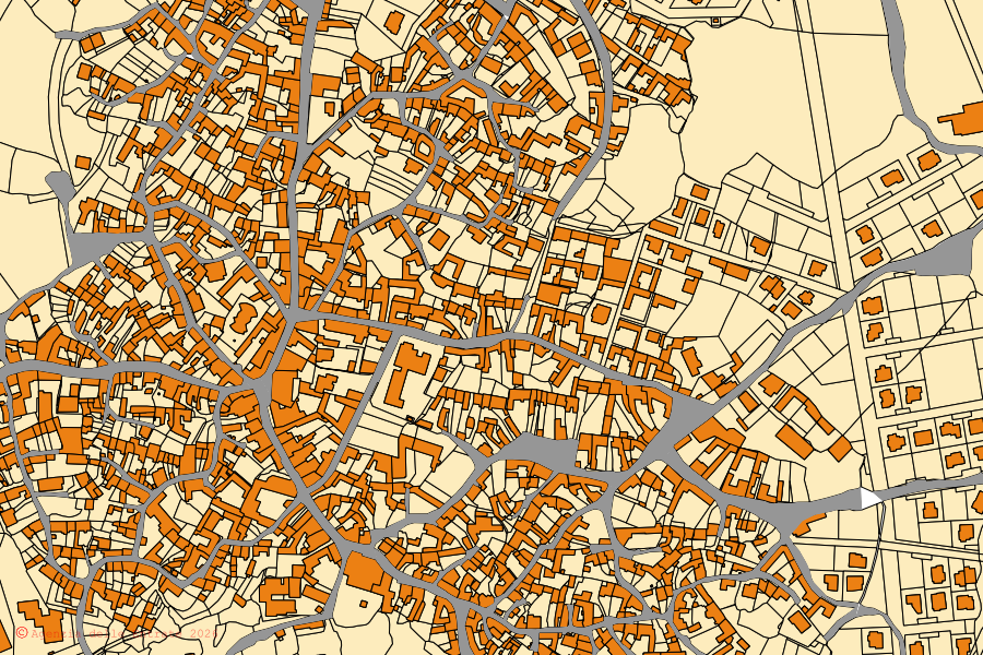 Cadastral map of the centre of Nurri: parcels and buildings, Agenzia delle Entrate cartography