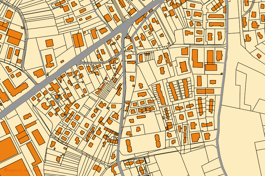 Cadastral map of the centre of Oleggio Castello: parcels and buildings, Agenzia delle Entrate cartography