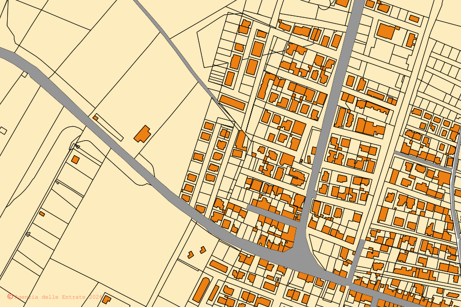Cadastral map of the centre of Olmedo: parcels and buildings, Agenzia delle Entrate cartography