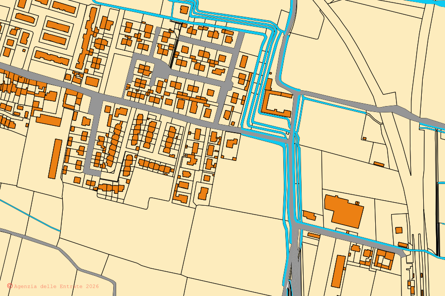 Cadastral map of the centre of Olmeneta: parcels and buildings, Agenzia delle Entrate cartography
