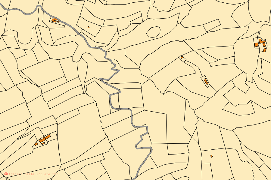 Cadastral map of the centre of Olmo Gentile: parcels and buildings, Agenzia delle Entrate cartography