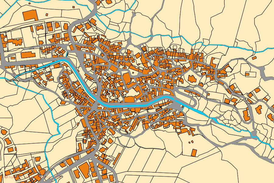 Cadastral map of the centre of Olzai: parcels and buildings, Agenzia delle Entrate cartography
