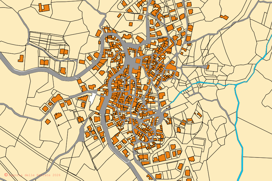Cadastral map of the centre of Oniferi: parcels and buildings, Agenzia delle Entrate cartography