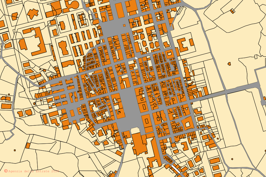 Cadastral map of the centre of Oppido Mamertina: parcels and buildings, Agenzia delle Entrate cartography