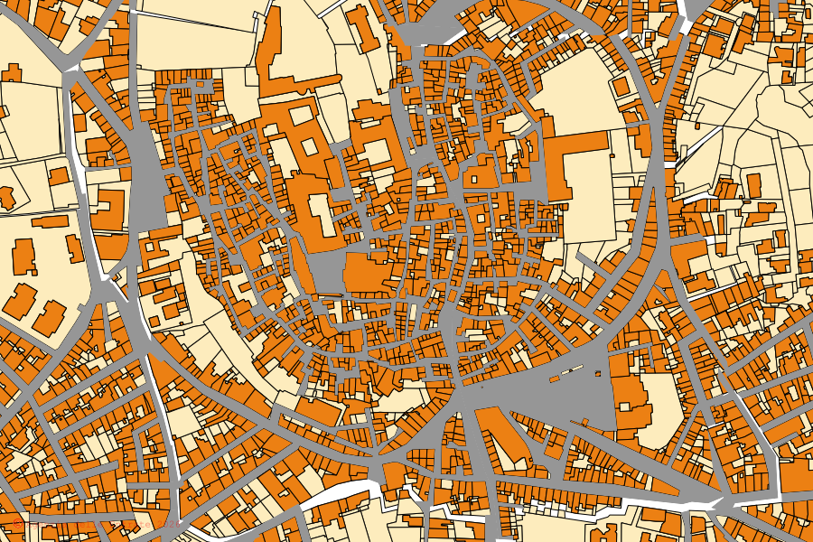 Cadastral map of the centre of Oria: parcels and buildings, Agenzia delle Entrate cartography