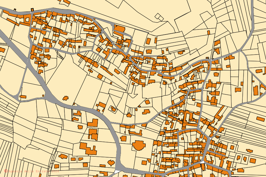 Cadastral map of the centre of Orio Canavese: parcels and buildings, Agenzia delle Entrate cartography