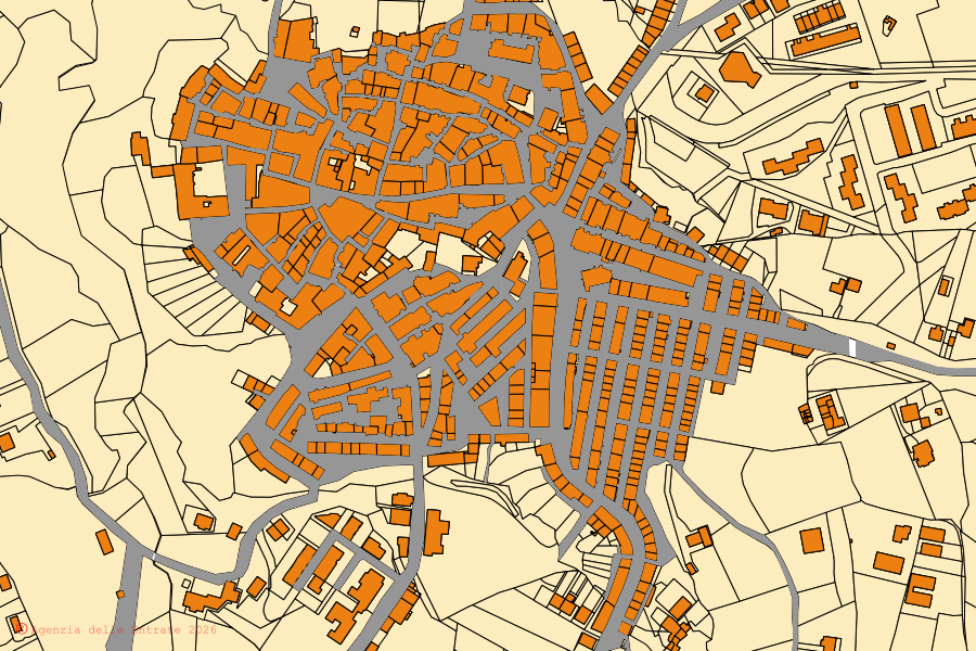 Cadastral map of the centre of Orsara di Puglia: parcels and buildings, Agenzia delle Entrate cartography