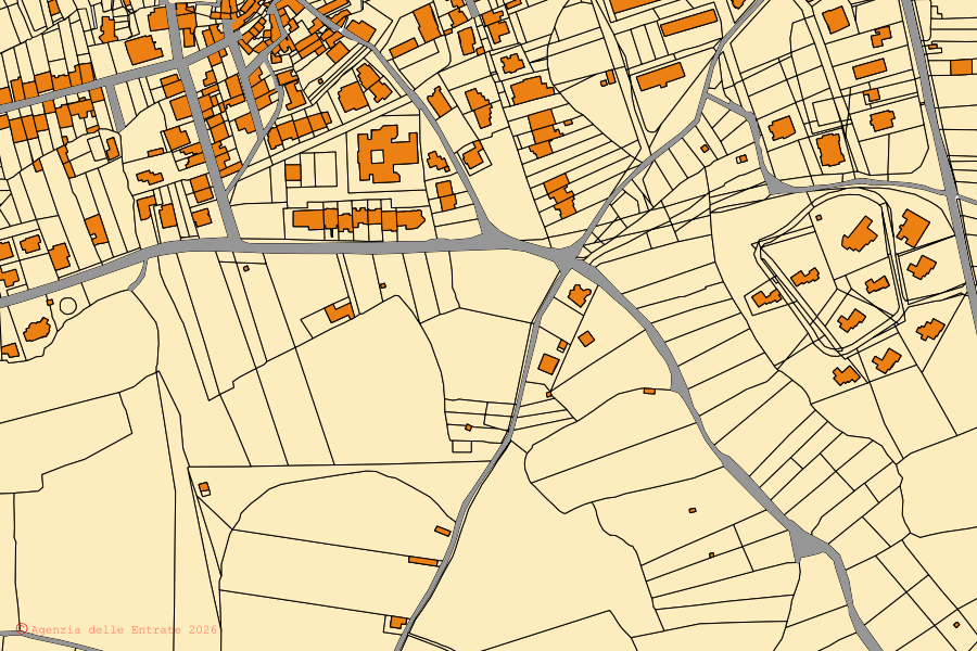 Cadastral map of the centre of Ortelle: parcels and buildings, Agenzia delle Entrate cartography