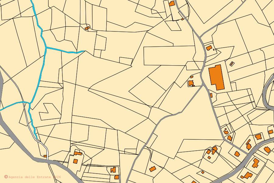 Cadastral map of the centre of Ortezzano: parcels and buildings, Agenzia delle Entrate cartography