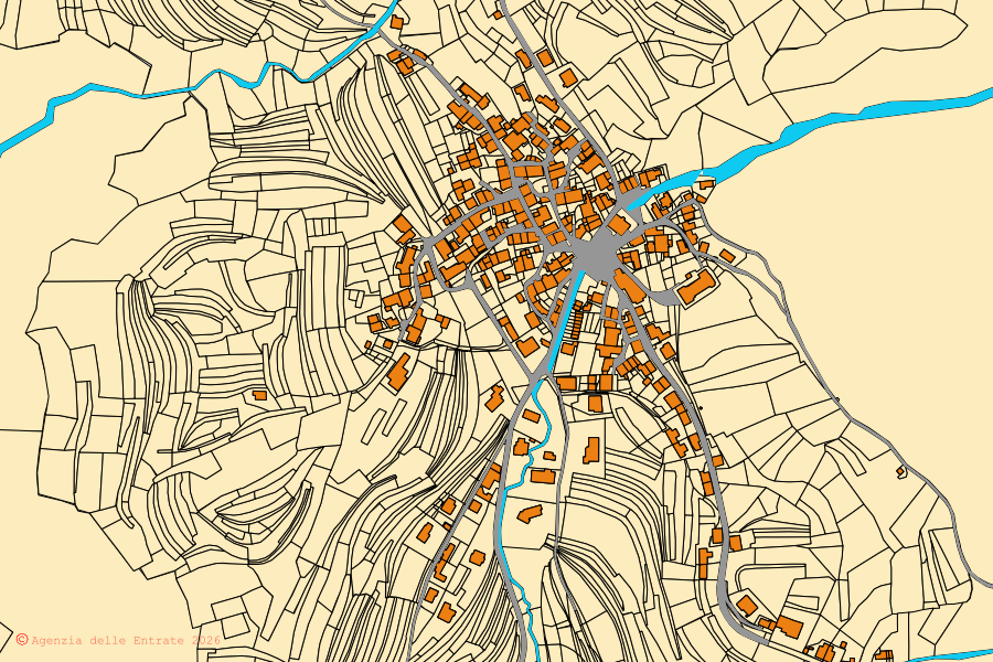 Cadastral map of the centre of Ovaro: parcels and buildings, Agenzia delle Entrate cartography