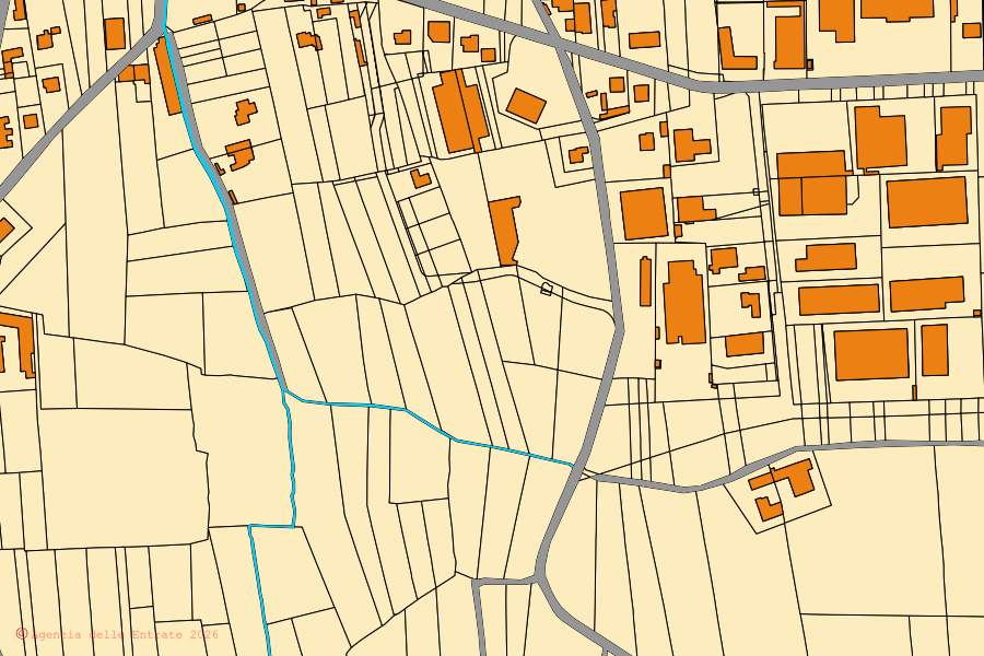 Cadastral map of the centre of Ozegna: parcels and buildings, Agenzia delle Entrate cartography