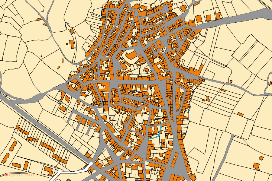 Cadastral map of the centre of Padria: parcels and buildings, Agenzia delle Entrate cartography