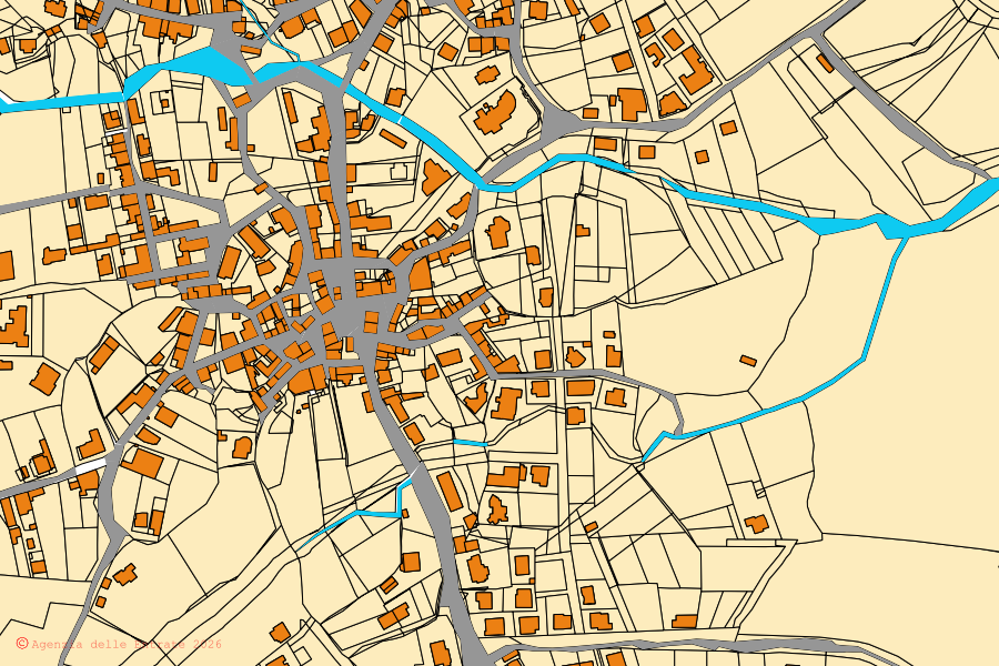 Cadastral map of the centre of Padru: parcels and buildings, Agenzia delle Entrate cartography