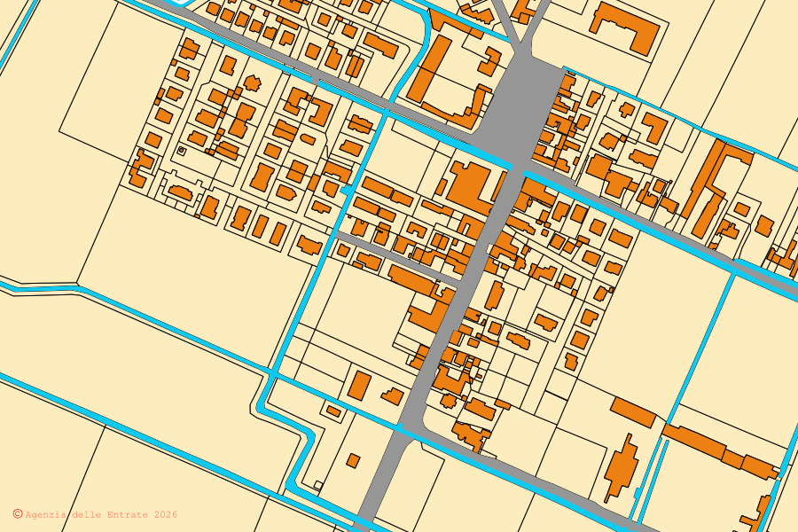 Cadastral map of the centre of Palù: parcels and buildings, Agenzia delle Entrate cartography