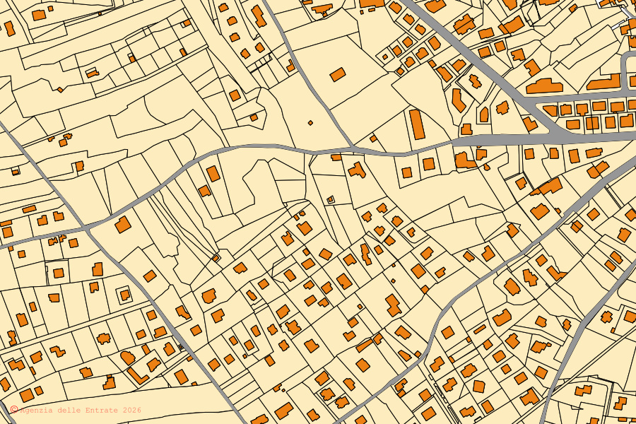 Cadastral map of the centre of Pedara: parcels and buildings, Agenzia delle Entrate cartography
