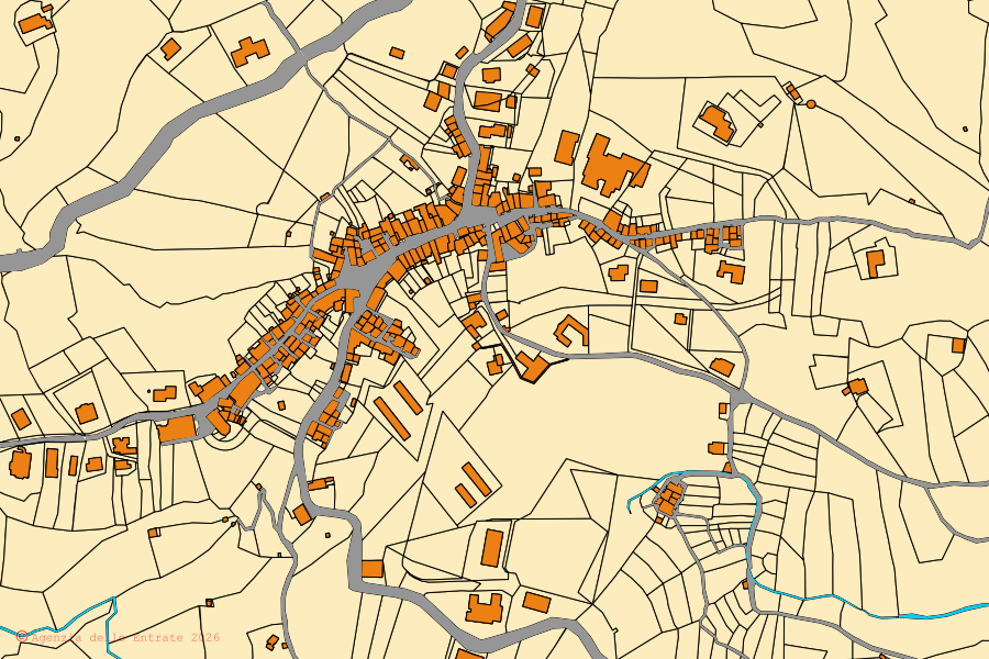Cadastral map of the centre of Pedivigliano: parcels and buildings, Agenzia delle Entrate cartography