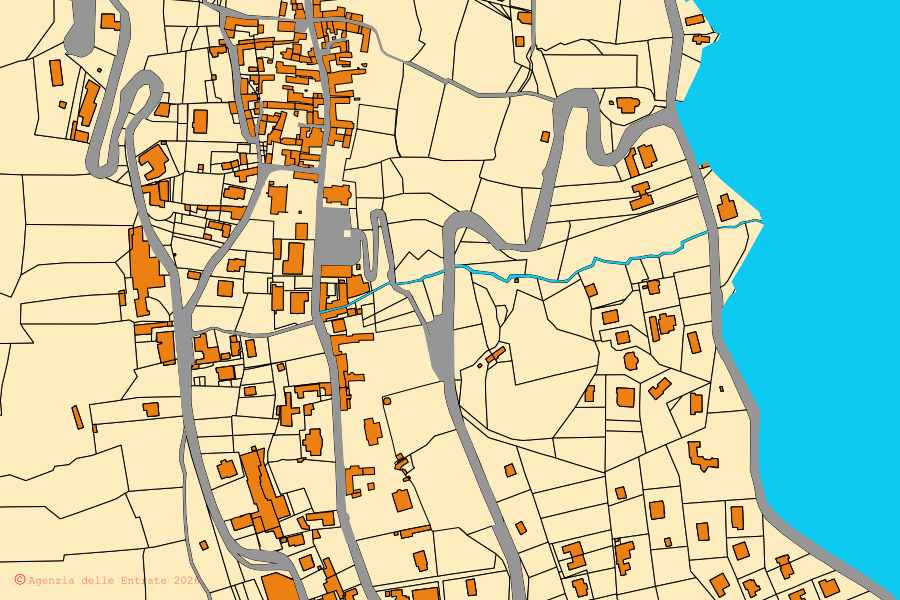 Cadastral map of the centre of Pella: parcels and buildings, Agenzia delle Entrate cartography
