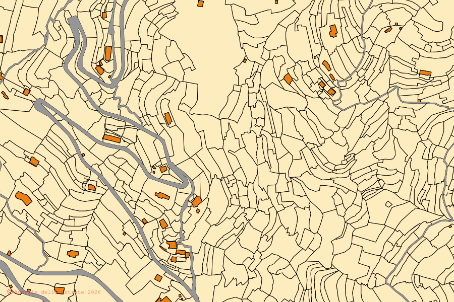 Cadastral map of the centre of Perinaldo: parcels and buildings, Agenzia delle Entrate cartography