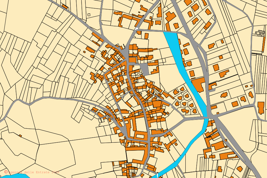 Cadastral map of the centre of Perosa Canavese: parcels and buildings, Agenzia delle Entrate cartography