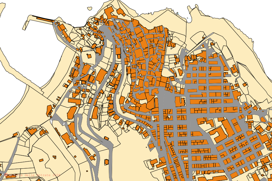 Cadastral map of the centre of Peschici: parcels and buildings, Agenzia delle Entrate cartography