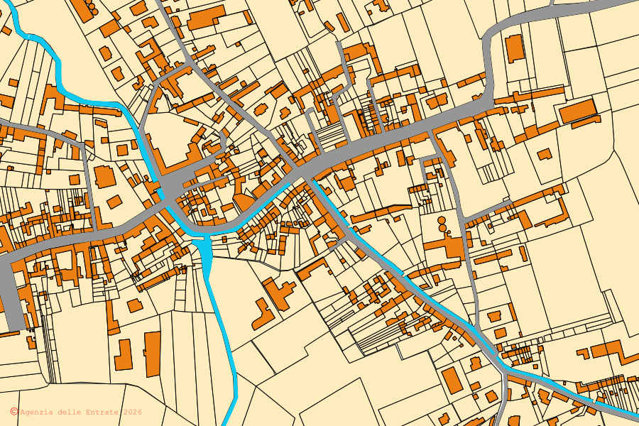 Cadastral map of the centre of Pezzana: parcels and buildings, Agenzia delle Entrate cartography