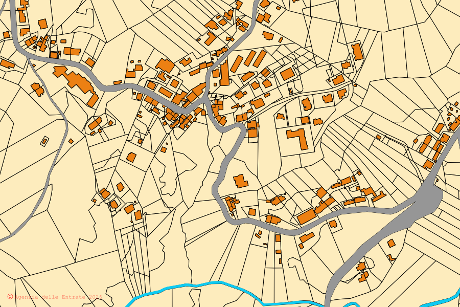 Cadastral map of the centre of Piancastagnaio: parcels and buildings, Agenzia delle Entrate cartography