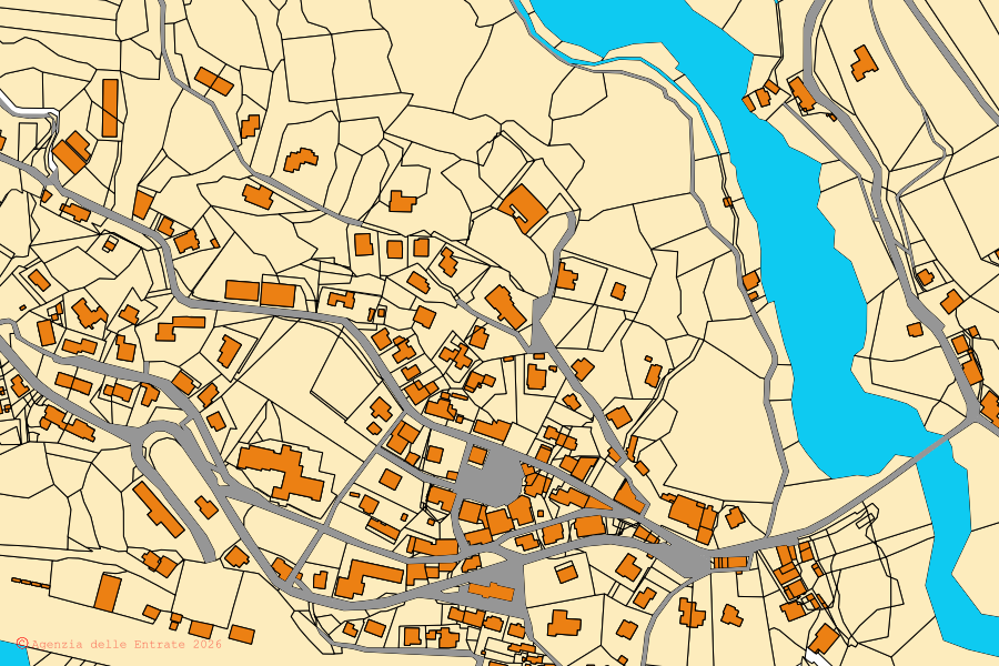 Cadastral map of the centre of Piazza al Serchio: parcels and buildings, Agenzia delle Entrate cartography