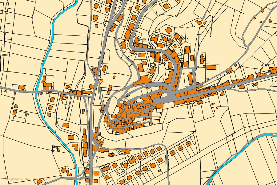 Cadastral map of the centre of Pietralunga: parcels and buildings, Agenzia delle Entrate cartography