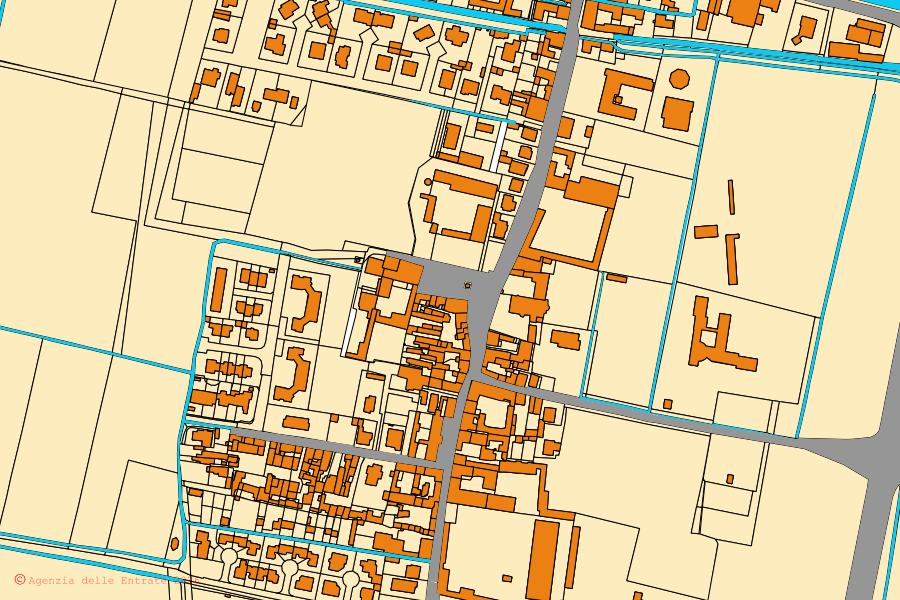 Cadastral map of the centre of Pieve San Giacomo: parcels and buildings, Agenzia delle Entrate cartography