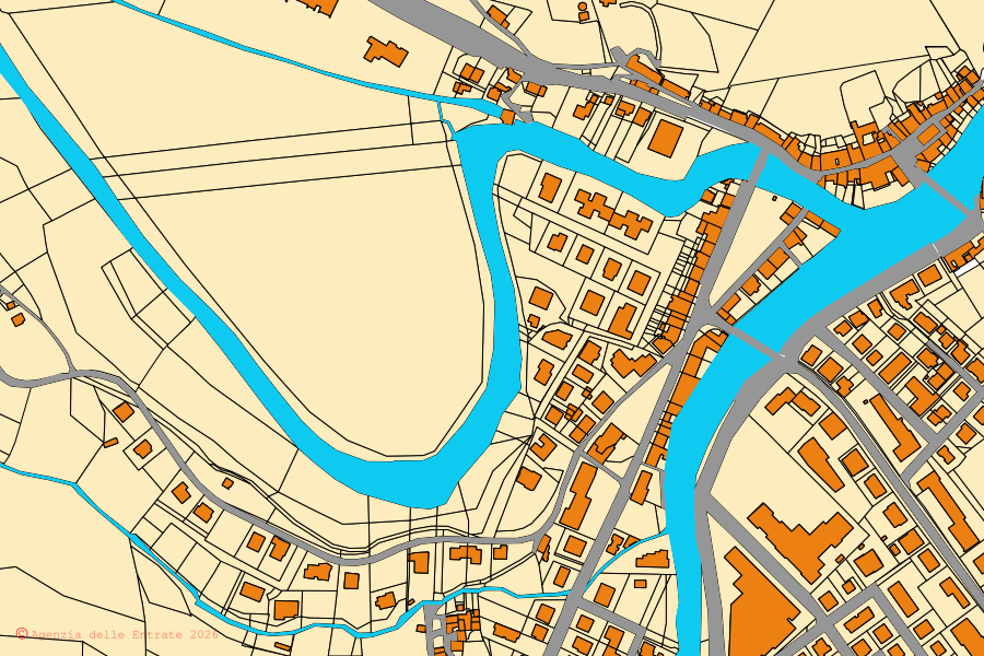 Cadastral map of the centre of Piobbico: parcels and buildings, Agenzia delle Entrate cartography