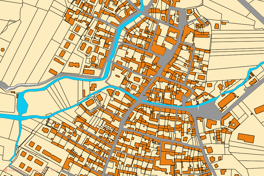 Cadastral map of the centre of Piobesi Torinese: parcels and buildings, Agenzia delle Entrate cartography