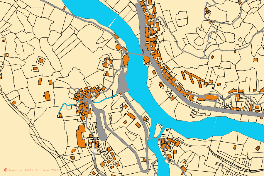 Cadastral map of the centre of Piode: parcels and buildings, Agenzia delle Entrate cartography