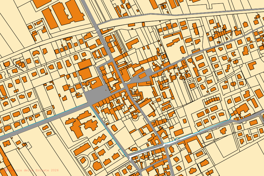 Cadastral map of the centre of Piscina: parcels and buildings, Agenzia delle Entrate cartography