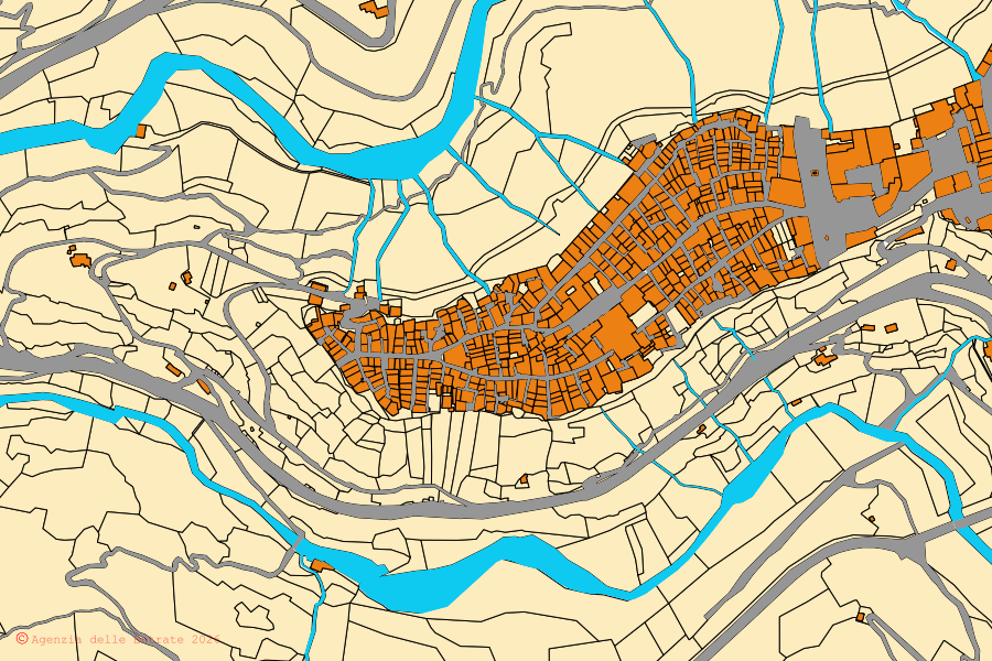 Cadastral map of the centre of Pitigliano: parcels and buildings, Agenzia delle Entrate cartography