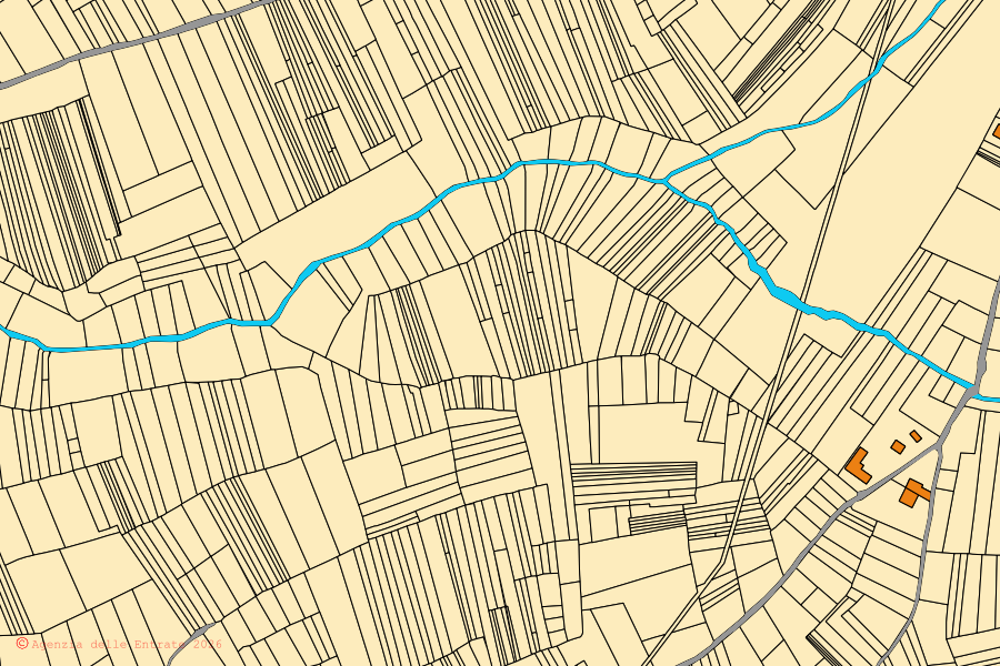 Cadastral map of the centre of Pizzoli: parcels and buildings, Agenzia delle Entrate cartography