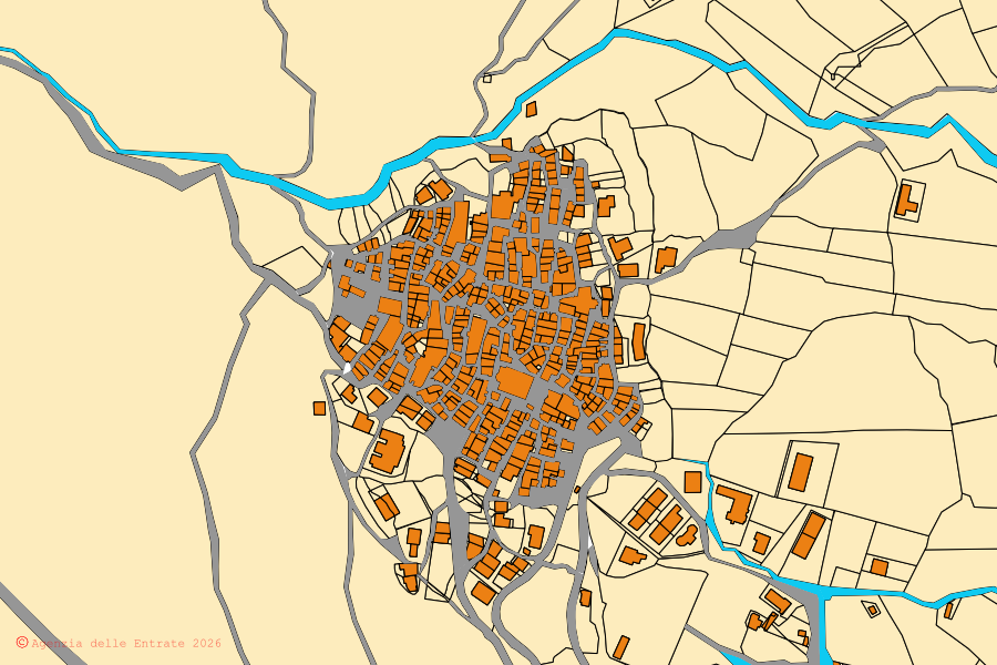 Cadastral map of the centre of Plataci: parcels and buildings, Agenzia delle Entrate cartography