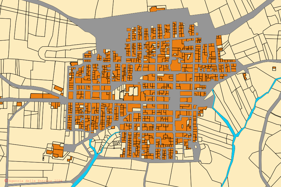 Cadastral map of the centre of Poggioreale: parcels and buildings, Agenzia delle Entrate cartography