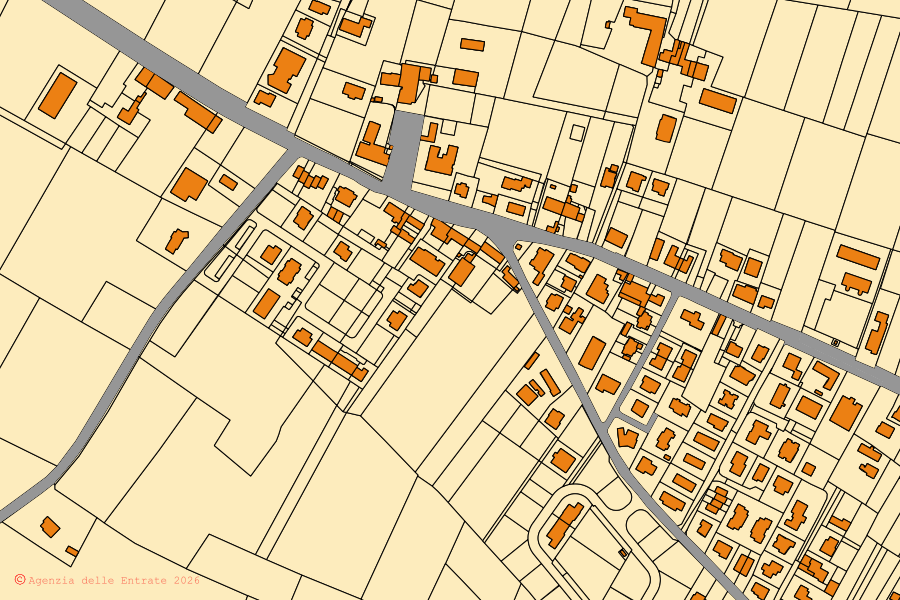 Cadastral map of the centre of Pojana Maggiore: parcels and buildings, Agenzia delle Entrate cartography