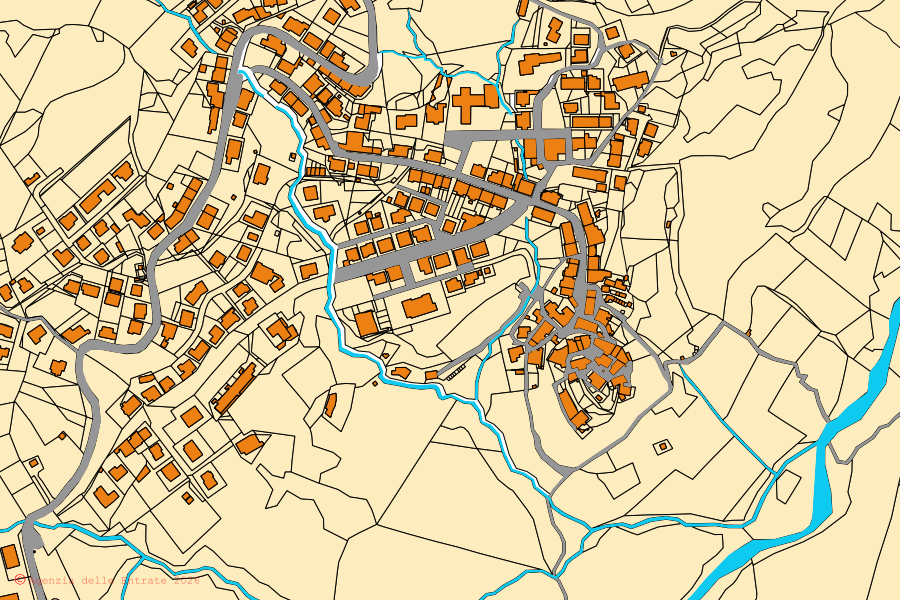 Cadastral map of the centre of Pomarance: parcels and buildings, Agenzia delle Entrate cartography