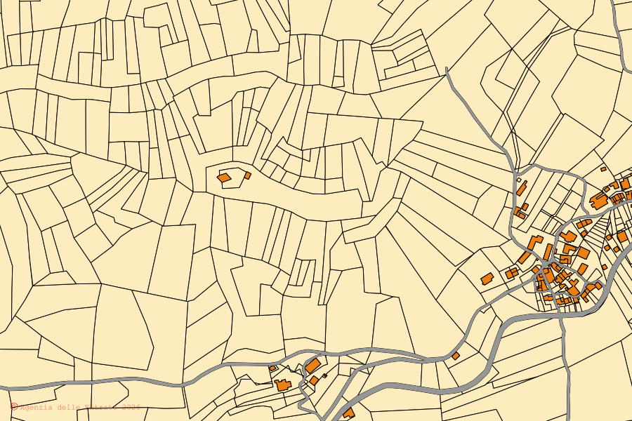 Cadastral map of the centre of Ponte dell'Olio: parcels and buildings, Agenzia delle Entrate cartography