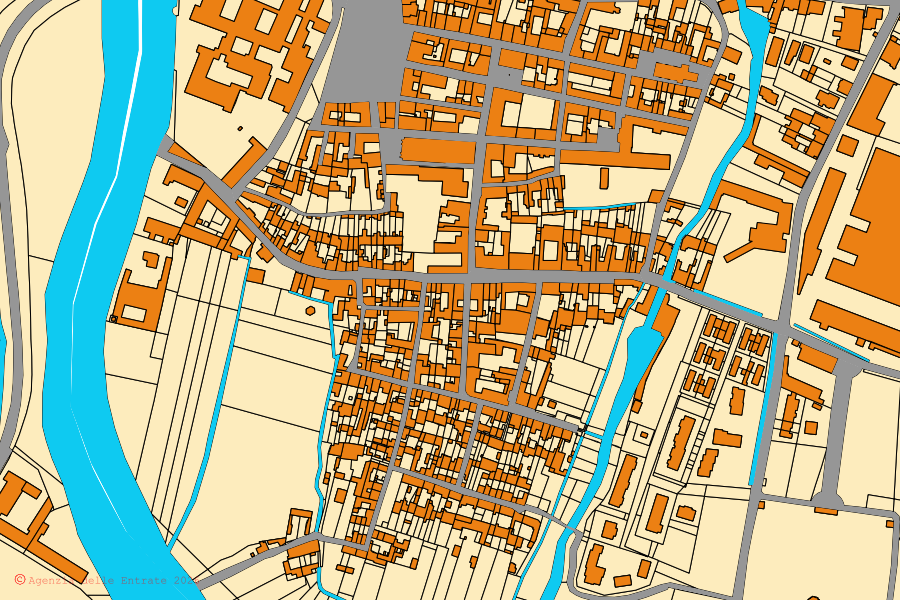 Cadastral map of the centre of Pontevico: parcels and buildings, Agenzia delle Entrate cartography