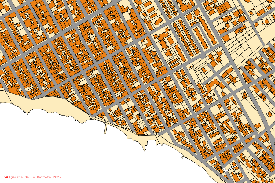 Cadastral map of the centre of Porto Cesareo: parcels and buildings, Agenzia delle Entrate cartography