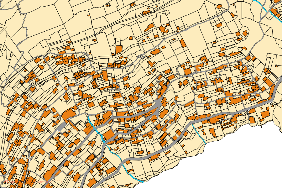 Cadastral map of the centre of Praiano: parcels and buildings, Agenzia delle Entrate cartography