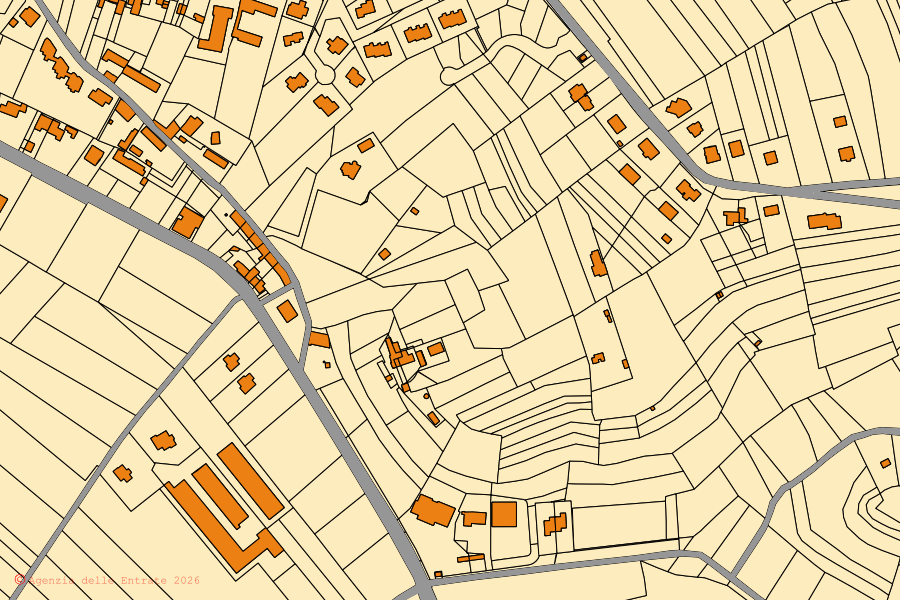 Cadastral map of the centre of Pralormo: parcels and buildings, Agenzia delle Entrate cartography