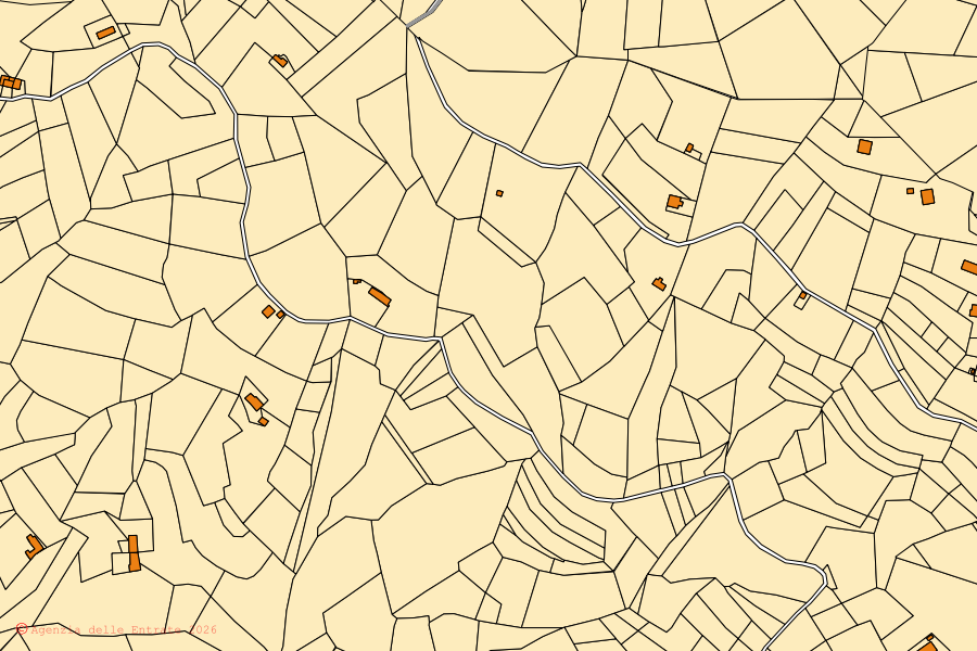Cadastral map of the centre of Prarostino: parcels and buildings, Agenzia delle Entrate cartography