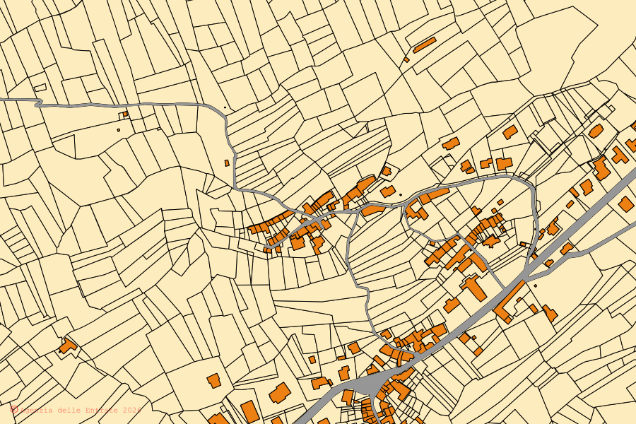 Cadastral map of the centre of Quagliuzzo: parcels and buildings, Agenzia delle Entrate cartography