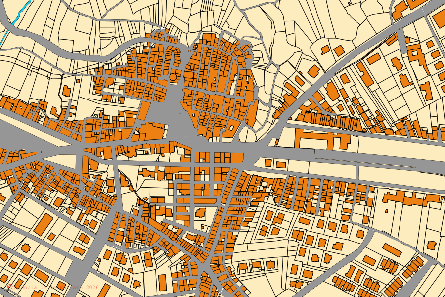 Cadastral map of the centre of Raiano: parcels and buildings, Agenzia delle Entrate cartography
